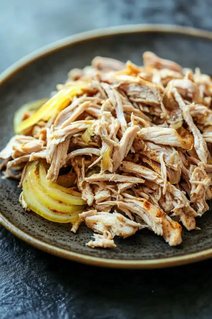 Slow cooker chicken carnitas - the image shows a plate of shredded chicken on a dark grey plate. the chicken appears to be cooked and has a golden brown color. it is cut into small pieces and is arranged in a pile on top of a bed of sliced yellow onions. the plate is sitting on a textured surface, possibly a table or countertop. the overall appearance of the dish is savory and appetizing.
