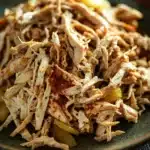 Slow cooker chicken carnitas - the image is a close-up of a plate of shredded chicken. the chicken appears to be cooked and has a light brown color. it is piled high on top of each other and is covered in a layer of shredded meat. there are also some diced vegetables such as carrots, celery, and onions scattered throughout the dish. the plate is black and is sitting on a wooden table. the background is blurred, making the plate the focal point of the image.