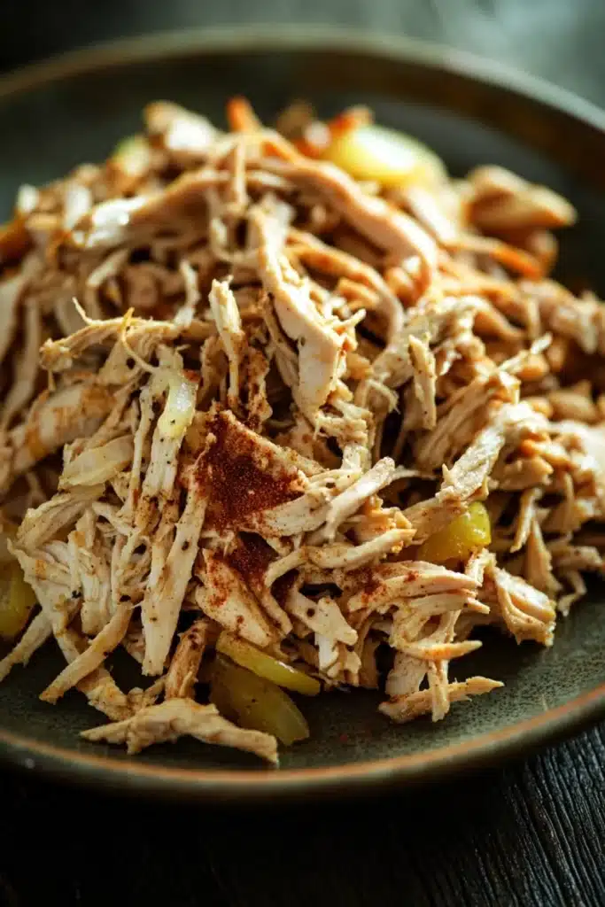 Slow cooker chicken carnitas - the image is a close-up of a plate of shredded chicken. the chicken appears to be cooked and has a light brown color. it is piled high on top of each other and is covered in a layer of shredded meat. there are also some diced vegetables such as carrots, celery, and onions scattered throughout the dish. the plate is black and is sitting on a wooden table. the background is blurred, making the plate the focal point of the image.