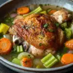 Slow cooker chicken in broth - the image is a close-up of a bowl of soup with a whole chicken in it. the chicken is golden brown and appears to be seasoned with herbs and spices. the soup is made up of various vegetables, including carrots, celery, and onions. the vegetables are arranged in a circular pattern around the chicken, with some pieces overlapping each other. the bowl is made of ceramic and is sitting on a dark countertop. the background is blurred, making the focus of the image the bowl and its contents.
