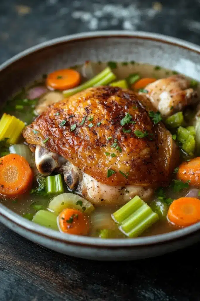 Slow cooker chicken in broth - the image is a close-up of a bowl of soup with a whole chicken in it. the chicken is golden brown and appears to be seasoned with herbs and spices. the soup is made up of various vegetables, including carrots, celery, and onions. the vegetables are arranged in a circular pattern around the chicken, with some pieces overlapping each other. the bowl is made of ceramic and is sitting on a dark countertop. the background is blurred, making the focus of the image the bowl and its contents.
