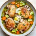Slow cooker chicken in broth - the image shows a bowl of soup with four pieces of chicken drumsticks in it. the drumsticks are golden brown and appear to be seasoned with herbs and spices. the soup is a light yellow color and is garnished with sliced carrots, celery, and onions. the bowl is made of ceramic and is sitting on a white wooden table. the overall appearance of the soup is savory and appetizing.