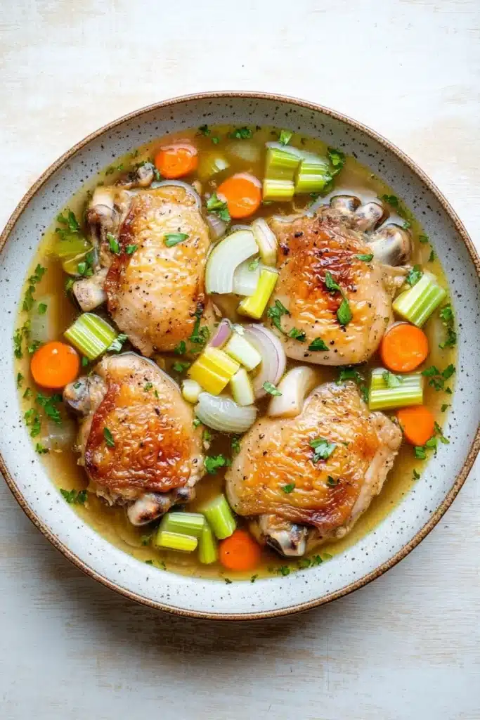 Slow cooker chicken in broth - the image shows a bowl of soup with four pieces of chicken drumsticks in it. the drumsticks are golden brown and appear to be seasoned with herbs and spices. the soup is a light yellow color and is garnished with sliced carrots, celery, and onions. the bowl is made of ceramic and is sitting on a white wooden table. the overall appearance of the soup is savory and appetizing.