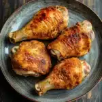 Slow cooker chicken quarters - the image shows four pieces of cooked chicken drumsticks on a dark blue plate. the drumsticks are golden brown and appear to be seasoned with herbs and spices. the plate is placed on a wooden table with a rustic background. the overall mood of the image is warm and inviting.