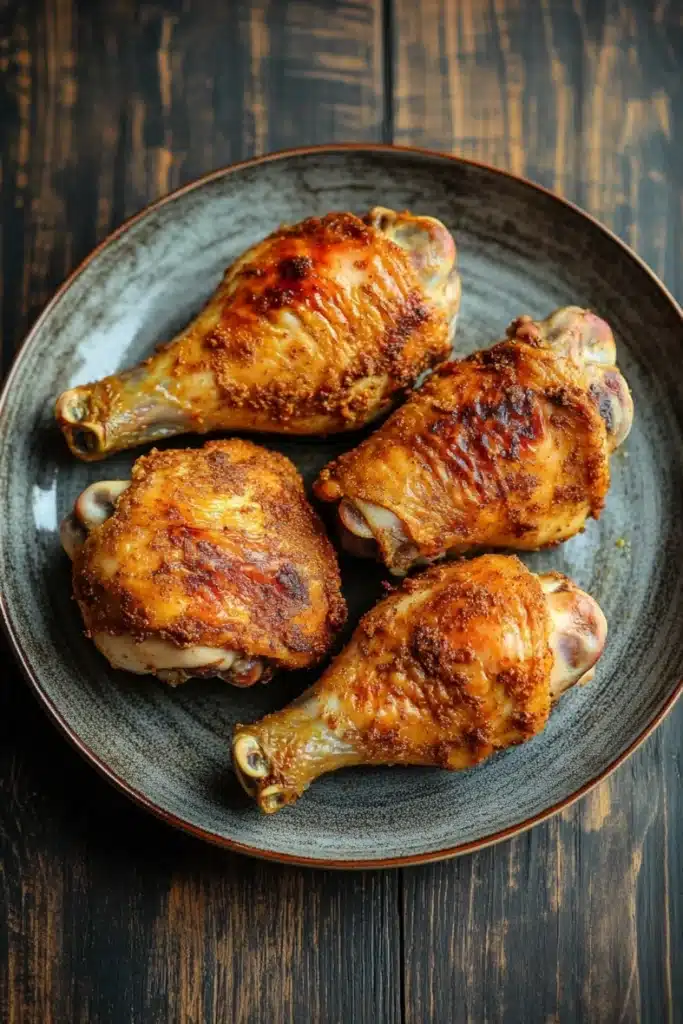 Slow cooker chicken quarters - the image shows four pieces of cooked chicken drumsticks on a dark blue plate. the drumsticks are golden brown and appear to be seasoned with herbs and spices. the plate is placed on a wooden table with a rustic background. the overall mood of the image is warm and inviting.