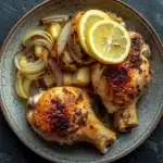 Slow cooker chicken quarters - the image shows a plate of food with two whole chicken drumsticks on it. the drumsticks are golden brown and appear to be seasoned with herbs and spices. on top of the drumsticks, there are sliced onions and a slice of lemon. the plate is made of a light-colored ceramic with a speckled pattern. the background is a dark grey textured surface.