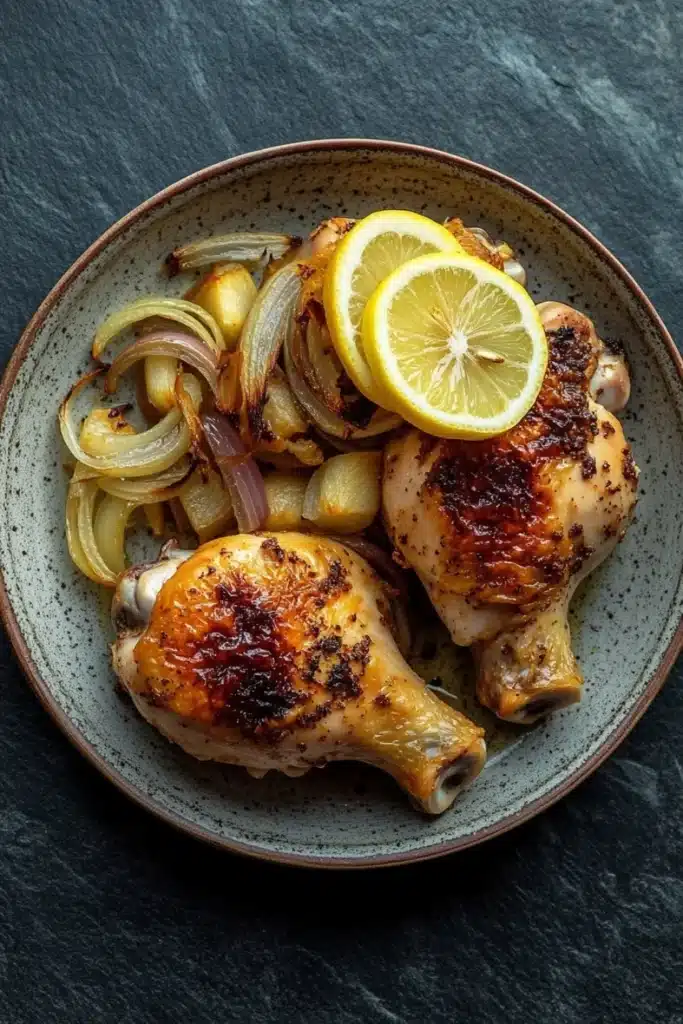 Slow cooker chicken quarters - the image shows a plate of food with two whole chicken drumsticks on it. the drumsticks are golden brown and appear to be seasoned with herbs and spices. on top of the drumsticks, there are sliced onions and a slice of lemon. the plate is made of a light-colored ceramic with a speckled pattern. the background is a dark grey textured surface.