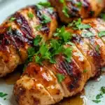 Slow cooker chicken tenderloin - the image shows a plate of grilled chicken breasts. the chicken breasts are golden brown and appear to be seasoned with herbs and spices. they are arranged in a circular pattern on the plate, with some overlapping each other. the plate is light blue with a speckled pattern, and there is a drizzle of sauce on the side. the background is blurred, but it appears to be a wooden table.