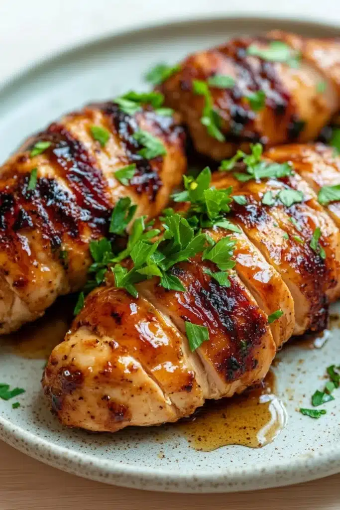 Slow cooker chicken tenderloin - the image shows a plate of grilled chicken breasts. the chicken breasts are golden brown and appear to be seasoned with herbs and spices. they are arranged in a circular pattern on the plate, with some overlapping each other. the plate is light blue with a speckled pattern, and there is a drizzle of sauce on the side. the background is blurred, but it appears to be a wooden table.