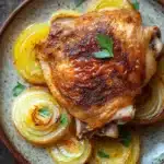 Slow cooker chicken thighs - the image shows a plate of food with a roasted chicken on it. the chicken is golden brown and appears to be seasoned with herbs and spices. it is surrounded by sliced yellow onions and garnished with a sprig of parsley. the plate is made of ceramic and has a brown rim. the background is a wooden table.