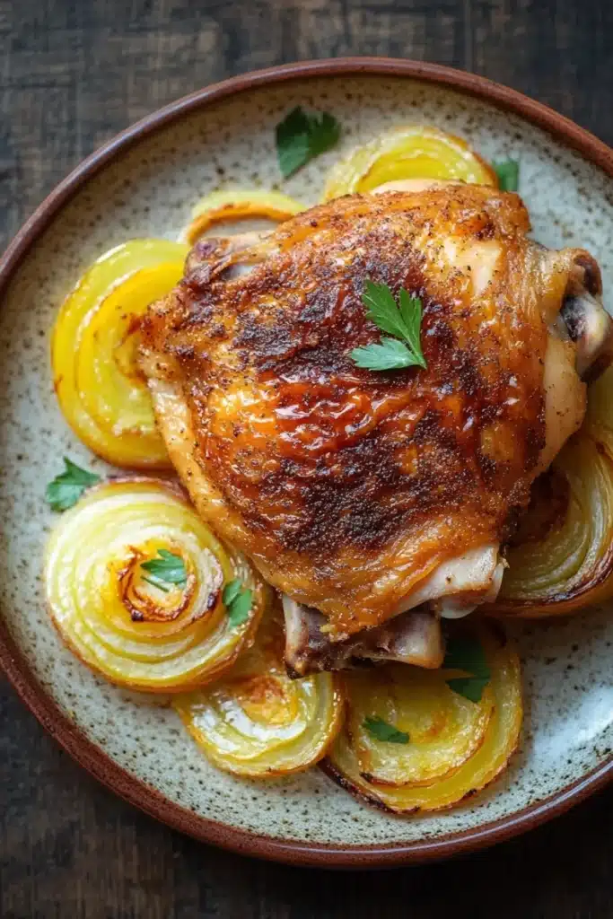 Slow cooker chicken thighs - the image shows a plate of food with a roasted chicken on it. the chicken is golden brown and appears to be seasoned with herbs and spices. it is surrounded by sliced yellow onions and garnished with a sprig of parsley. the plate is made of ceramic and has a brown rim. the background is a wooden table.