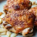 Slow cooker chicken thighs - the image shows a plate of grilled chicken drumsticks on a wooden table. the drumsticks are golden brown and appear to be seasoned with herbs and spices. they are arranged in a circular pattern on the plate, with some of the drumsticks overlapping each other. on the side, there are sliced onions and pine nuts scattered around the plate. the plate is light blue and has a textured surface. the background is blurred, but it appears to be a kitchen countertop.