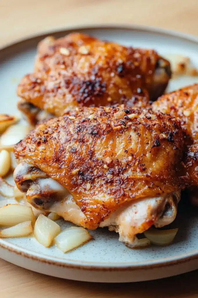 Slow cooker chicken thighs - the image shows a plate of grilled chicken drumsticks on a wooden table. the drumsticks are golden brown and appear to be seasoned with herbs and spices. they are arranged in a circular pattern on the plate, with some of the drumsticks overlapping each other. on the side, there are sliced onions and pine nuts scattered around the plate. the plate is light blue and has a textured surface. the background is blurred, but it appears to be a kitchen countertop.