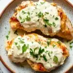 Slow cooker chicken with cream cheese - the image shows two pieces of grilled chicken breasts on a white marble countertop. the chicken breasts are golden brown and appear to be seasoned with herbs and spices. they are covered in a creamy white sauce, which is drizzled over the top. the sauce is garnished with fresh parsley leaves, adding a pop of green color to the dish. the plate is brown and has a speckled texture. a gray and white striped napkin is visible in the background.
