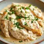 Slow cooker chicken with cream cheese - the image shows a plate of cooked chicken breasts covered in a creamy sauce. the chicken breasts are golden brown and appear to be seasoned with herbs and spices. the sauce is a light beige color and is drizzled over the top of the chicken breasts. there are small pieces of feta cheese scattered on top, adding a creamy texture to the dish. the plate is sitting on a white marble countertop with a sprig of parsley in the background.