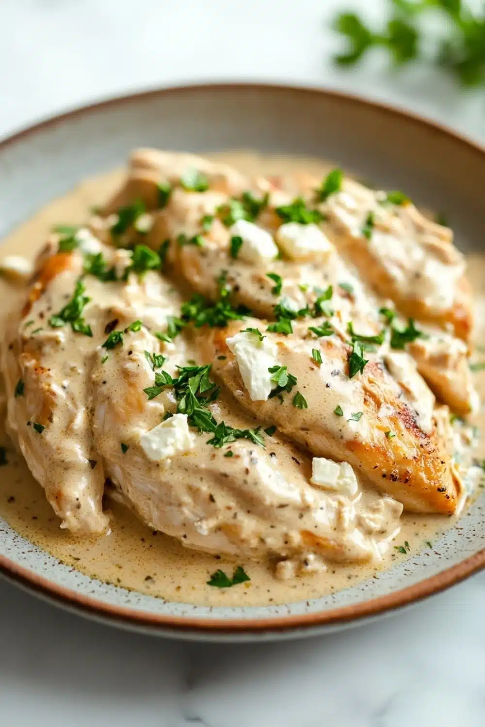 Slow cooker chicken with cream cheese - the image shows a plate of cooked chicken breasts covered in a creamy sauce. the chicken breasts are golden brown and appear to be seasoned with herbs and spices. the sauce is a light beige color and is drizzled over the top of the chicken breasts. there are small pieces of feta cheese scattered on top, adding a creamy texture to the dish. the plate is sitting on a white marble countertop with a sprig of parsley in the background.