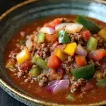 Slow cooker chili without beans - the image is a close-up of a bowl of chili. the chili is a rich, dark red color and appears to be made with ground beef, diced vegetables, and onions. the vegetables are bright green and yellow, and they are arranged in a circular pattern around the bowl. the bowl is made of ceramic and has a gold rim. the background is dark, making the chili stand out.