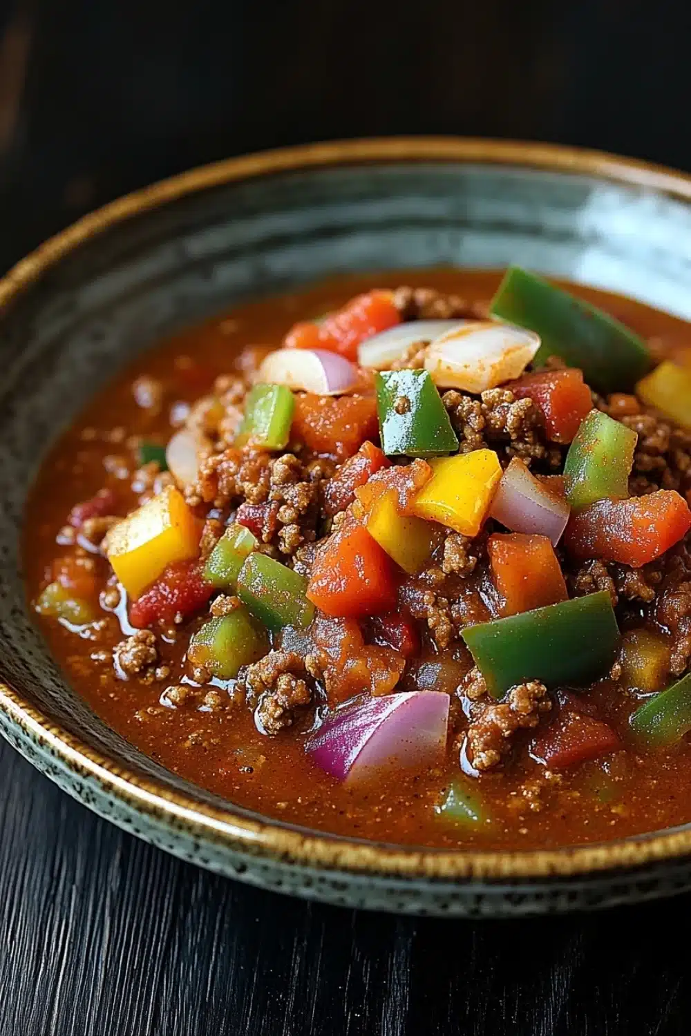 Slow cooker chili without beans - the image is a close-up of a bowl of chili. the chili is a rich, dark red color and appears to be made with ground beef, diced vegetables, and onions. the vegetables are bright green and yellow, and they are arranged in a circular pattern around the bowl. the bowl is made of ceramic and has a gold rim. the background is dark, making the chili stand out.