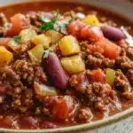 Slow cooker chili without beans - the image is a close-up of a bowl of chili. the chili appears to be made with ground beef, diced potatoes, red beans, and other vegetables. the bowl is white with a speckled pattern and is sitting on a wooden table. there is a sprig of parsley on top of the chili, adding a pop of green color to the dish.