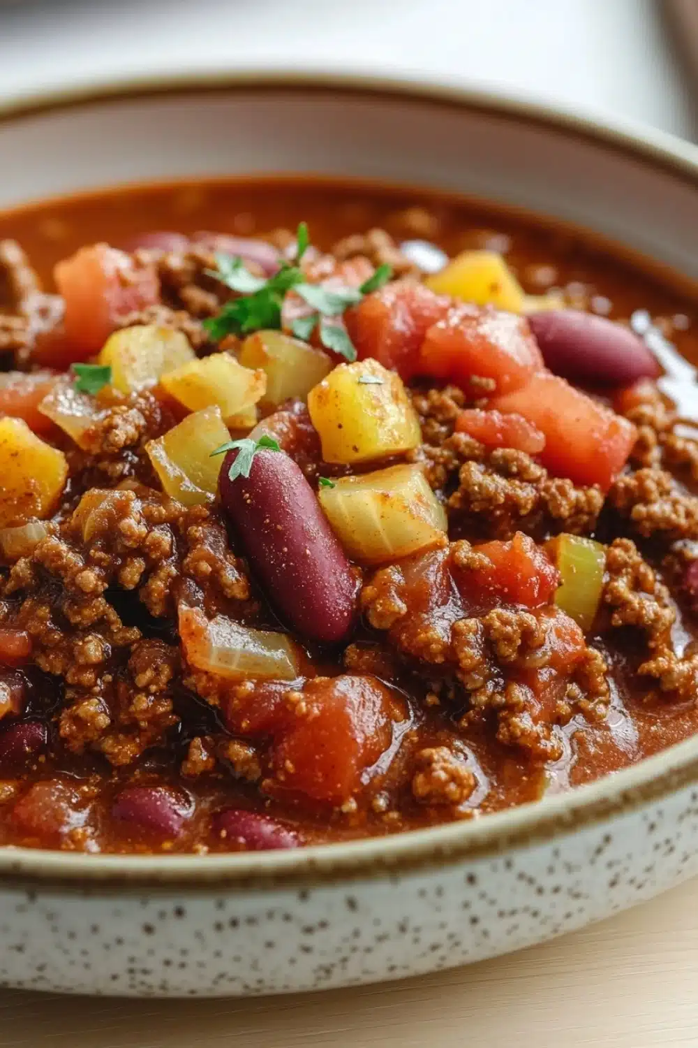 Slow cooker chili without beans - the image is a close-up of a bowl of chili. the chili appears to be made with ground beef, diced potatoes, red beans, and other vegetables. the bowl is white with a speckled pattern and is sitting on a wooden table. there is a sprig of parsley on top of the chili, adding a pop of green color to the dish.