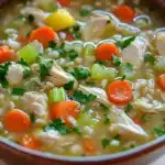 Slow cooker greek lemon chicken and rice soup - the image is a close-up of a bowl of soup. the soup appears to be a creamy yellow color with chunks of chicken, carrots, celery, and other vegetables mixed in. the bowl is made of ceramic and is sitting on a wooden table. there are also some sprigs of parsley scattered throughout the soup, adding a pop of green color to the dish. the background is blurred, but it seems to be an indoor setting with a white tablecloth.