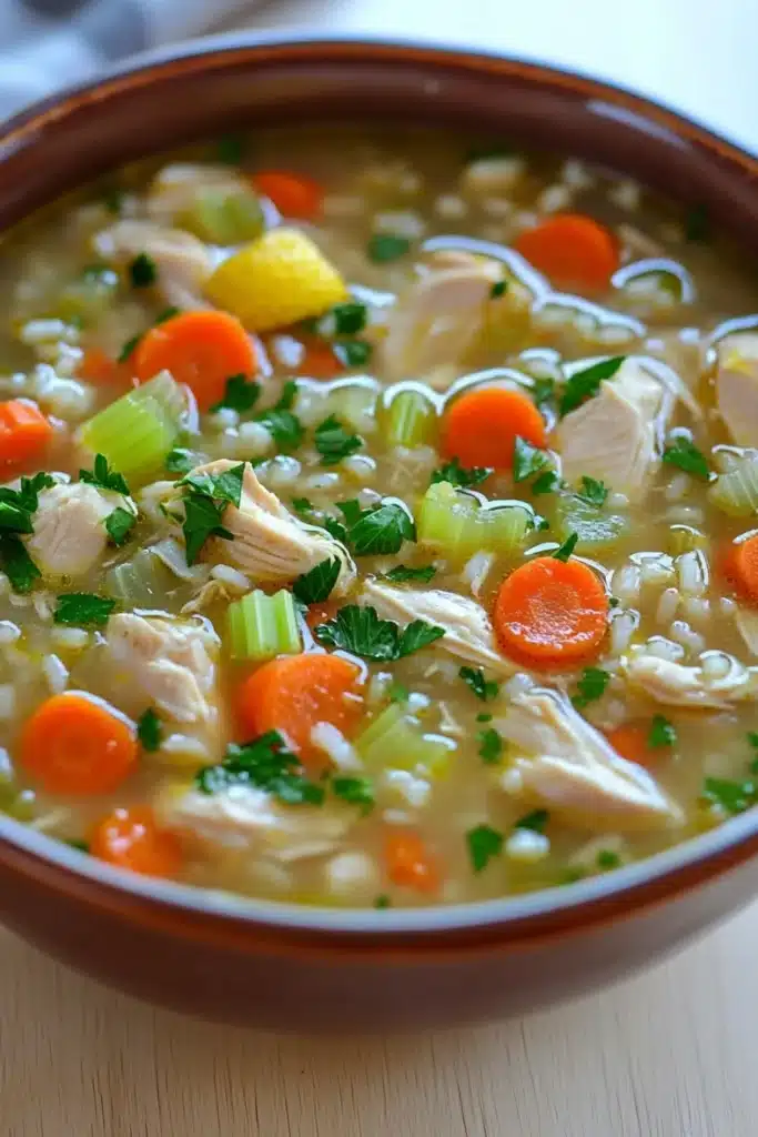 Slow cooker greek lemon chicken and rice soup - the image is a close-up of a bowl of soup. the soup appears to be a creamy yellow color with chunks of chicken, carrots, celery, and other vegetables mixed in. the bowl is made of ceramic and is sitting on a wooden table. there are also some sprigs of parsley scattered throughout the soup, adding a pop of green color to the dish. the background is blurred, but it seems to be an indoor setting with a white tablecloth.
