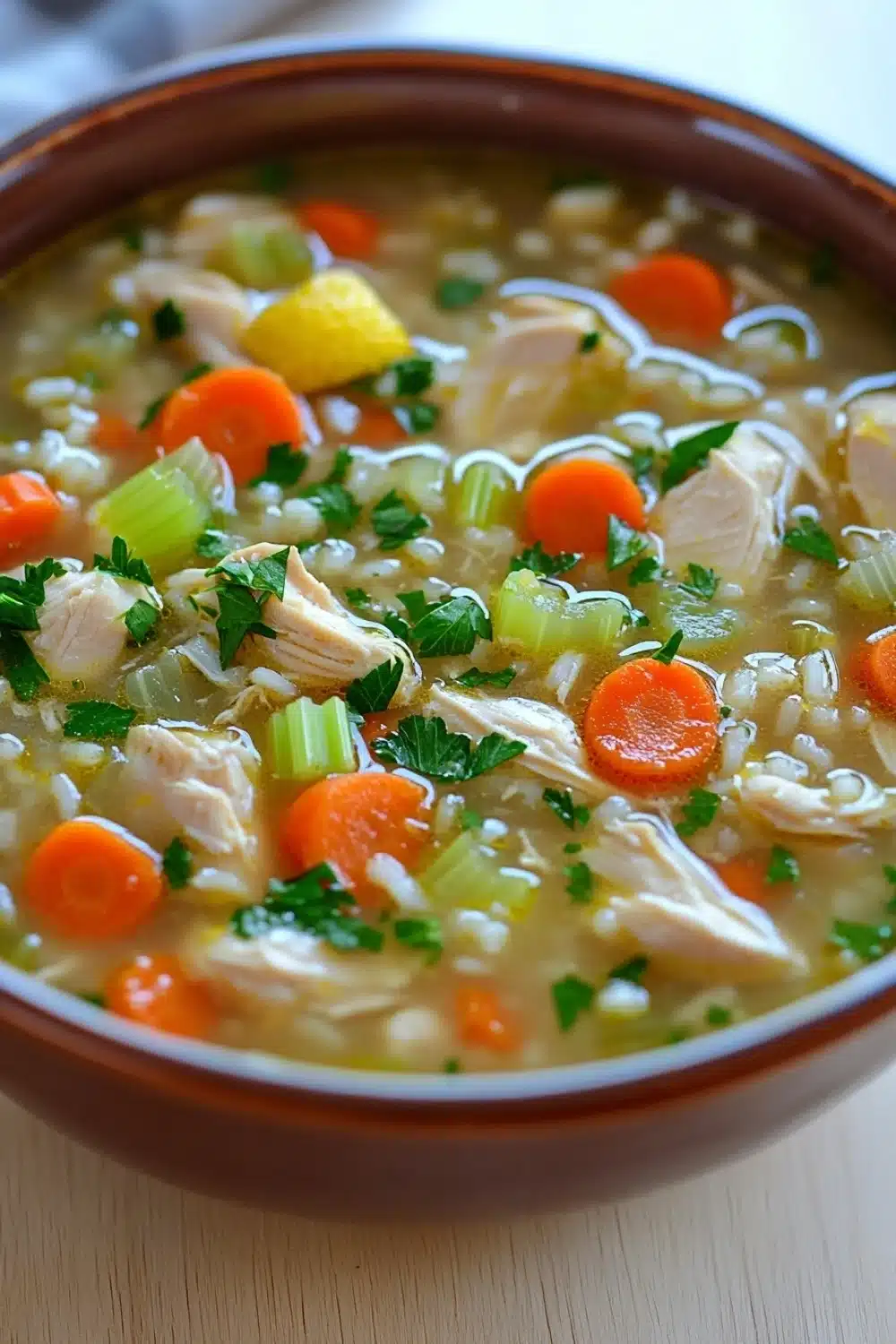 Slow cooker greek lemon chicken and rice soup - the image is a close-up of a bowl of soup. the soup appears to be a creamy yellow color with chunks of chicken, carrots, celery, and other vegetables mixed in. the bowl is made of ceramic and is sitting on a wooden table. there are also some sprigs of parsley scattered throughout the soup, adding a pop of green color to the dish. the background is blurred, but it seems to be an indoor setting with a white tablecloth.