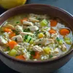 Slow cooker greek lemon chicken and rice soup - the image is a close-up of a bowl of soup. the soup appears to be made with chicken, carrots, celery, and other vegetables. the bowl is made of ceramic and is sitting on a dark grey surface. there are two lemons on the side of the bowl and a sprig of parsley on the table. the background is blurred, but it seems to be a kitchen countertop.
