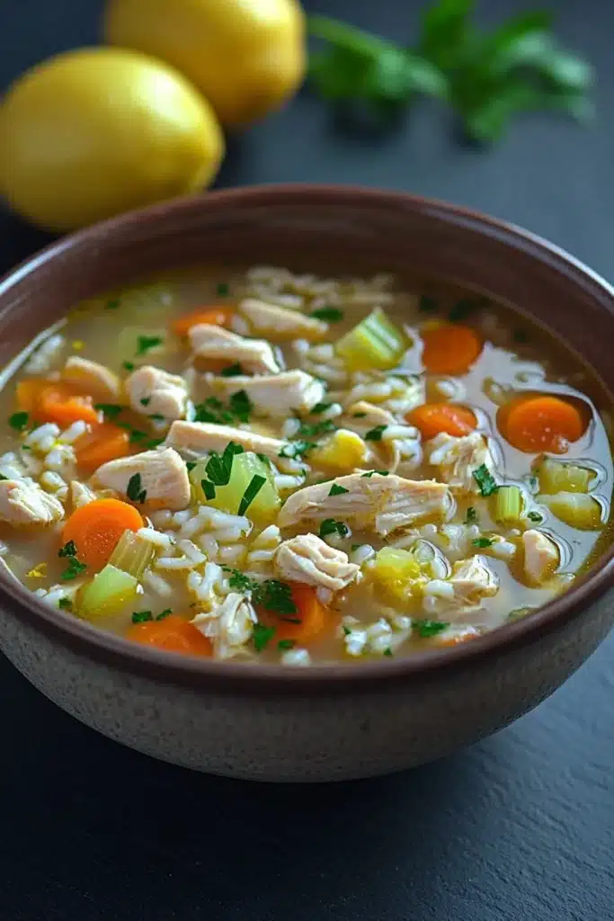 Slow cooker greek lemon chicken and rice soup - the image is a close-up of a bowl of soup. the soup appears to be made with chicken, carrots, celery, and other vegetables. the bowl is made of ceramic and is sitting on a dark grey surface. there are two lemons on the side of the bowl and a sprig of parsley on the table. the background is blurred, but it seems to be a kitchen countertop.