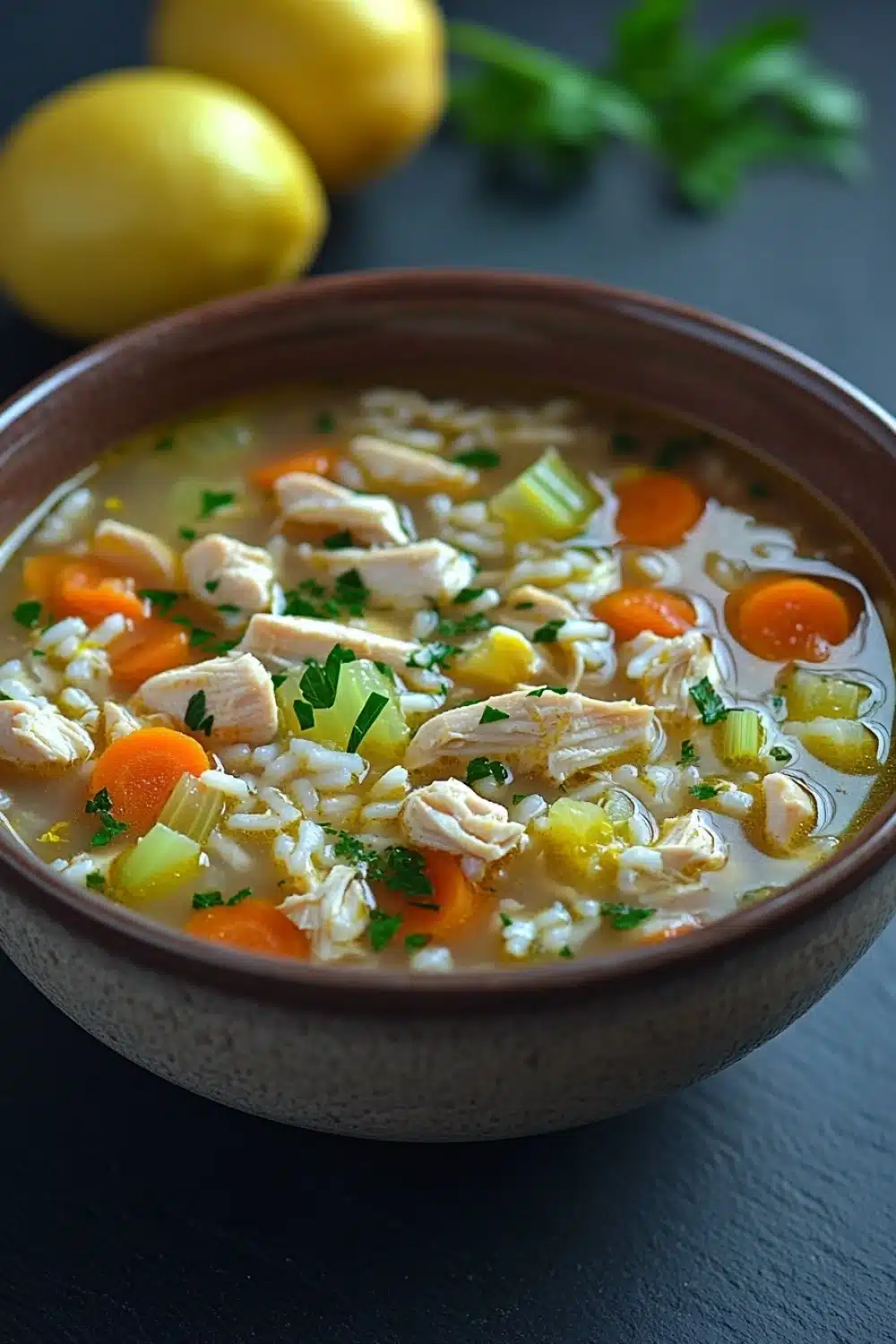 Slow cooker greek lemon chicken and rice soup - the image is a close-up of a bowl of soup. the soup appears to be made with chicken, carrots, celery, and other vegetables. the bowl is made of ceramic and is sitting on a dark grey surface. there are two lemons on the side of the bowl and a sprig of parsley on the table. the background is blurred, but it seems to be a kitchen countertop.