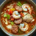 Slow cooker jambalaya soup - the image is a close-up of a bowl of soup. the soup appears to be a tomato-based dish with chunks of shrimp, sausage, and vegetables mixed in. the shrimp are large and pink, while the sausage is small and round. the vegetables include carrots, celery, and onions. the broth is a rich orange color and looks thick and creamy. the bowl is made of ceramic and has a gold rim. the background is dark, making the colors of the soup stand out.