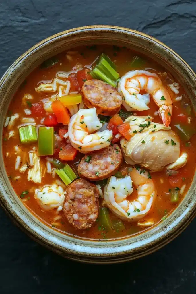 Slow cooker jambalaya soup - the image is a close-up of a bowl of soup. the soup appears to be a tomato-based dish with chunks of shrimp, sausage, and vegetables mixed in. the shrimp are large and pink, while the sausage is small and round. the vegetables include carrots, celery, and onions. the broth is a rich orange color and looks thick and creamy. the bowl is made of ceramic and has a gold rim. the background is dark, making the colors of the soup stand out.