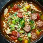 Slow cooker jambalaya soup - the image is a close-up of a bowl of soup. the soup appears to be a tomato-based dish with chunks of chicken, sausage, and vegetables mixed in. the bowl is made of dark brown ceramic and is sitting on a dark wooden table. there are a few sprigs of parsley scattered around the bowl, adding a pop of green color to the dish. the broth is a rich orange color and looks thick and creamy. the vegetables include red bell peppers, green onions, and yellow bell peppers. the dish looks appetizing and ready to eat.