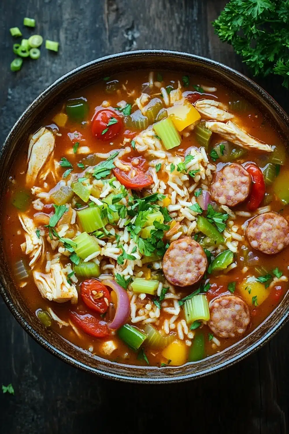 Slow cooker jambalaya soup - the image is a close-up of a bowl of soup. the soup appears to be a tomato-based dish with chunks of chicken, sausage, and vegetables mixed in. the bowl is made of dark brown ceramic and is sitting on a dark wooden table. there are a few sprigs of parsley scattered around the bowl, adding a pop of green color to the dish. the broth is a rich orange color and looks thick and creamy. the vegetables include red bell peppers, green onions, and yellow bell peppers. the dish looks appetizing and ready to eat.