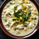 Slow cooker white chicken chili heavy cream - the image is a close-up of a bowl of soup. the soup appears to be a creamy white color with chunks of chicken and vegetables mixed in. the bowl is made of ceramic and has a brown rim. there are a few sprigs of fresh cilantro scattered around the bowl. the background is a dark grey countertop.