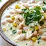 Slow cooker white chicken chili heavy cream - the image is a close-up of a bowl of soup. the soup appears to be a creamy white color with chunks of chicken and white beans mixed in. the bowl is made of ceramic and has a brown rim. on top of the soup, there is a sprig of fresh cilantro. the background is blurred, but it seems to be an indoor setting with a wooden table and a few sprigs of parsley scattered around.