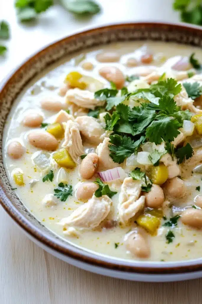 Slow cooker white chicken chili heavy cream - the image is a close-up of a bowl of soup. the soup appears to be a creamy white color with chunks of chicken and white beans mixed in. the bowl is made of ceramic and has a brown rim. on top of the soup, there is a sprig of fresh cilantro. the background is blurred, but it seems to be an indoor setting with a wooden table and a few sprigs of parsley scattered around.