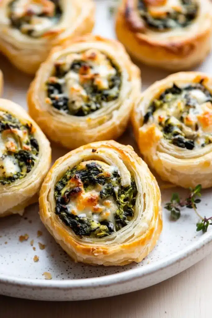 Spinach artichoke dip pinwheels - the image shows a plate of freshly baked spinach and feta puff pastry rolls. the rolls are golden brown and have a flaky texture. they are arranged in a circular pattern on a white plate with a sprig of thyme on the side. the spinach is a vibrant green color and appears to be cooked until soft and fluffy. the cheese is melted and bubbly on top, and there are small pieces of bacon scattered throughout the rolls.