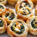 Spinach artichoke dip pinwheels - the image shows a plate of freshly baked spinach and cheese rolls. the rolls are golden brown and have a flaky texture. they are arranged in a circular pattern on the plate, with some overlapping each other. the spinach is a vibrant green color and appears to be cooked until soft and fluffy. the cheese is melted and bubbly, and it is oozing out of the sides of the rolls. there are small pieces of bread crumbs scattered around the plate. the plate is white and has a textured surface. the background is blurred, but it seems to be a wooden table.