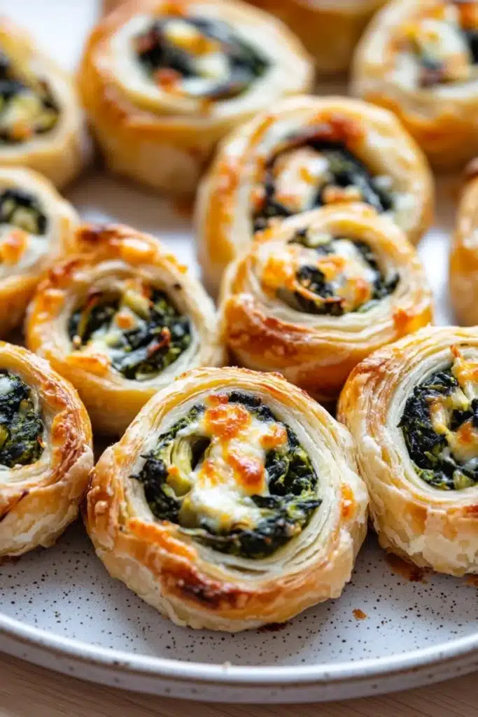 Spinach artichoke dip pinwheels - the image shows a plate of freshly baked spinach and cheese rolls. the rolls are golden brown and have a flaky texture. they are arranged in a circular pattern on the plate, with some overlapping each other. the spinach is a vibrant green color and appears to be cooked until soft and fluffy. the cheese is melted and bubbly, and it is oozing out of the sides of the rolls. there are small pieces of bread crumbs scattered around the plate. the plate is white and has a textured surface. the background is blurred, but it seems to be a wooden table.