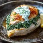 Spinach stuffed chicken breast greek yogurt - the image shows a plate of food, specifically a piece of chicken breast. the chicken breast is golden brown and appears to be seasoned with herbs and spices. on top of the chicken breast, there is a dollop of creamy white sauce, which is drizzled over the top. the sauce is garnished with fresh dill and a slice of lemon. the plate is made of dark brown ceramic and is placed on a wooden table. the background is blurred, but it seems to be a rustic kitchen countertop.