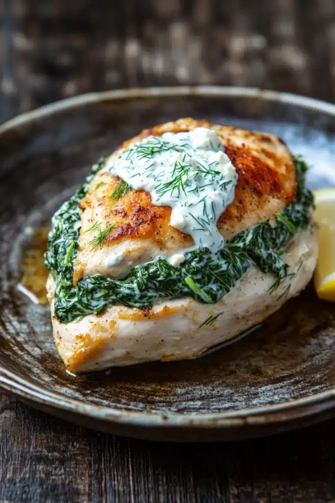 Spinach stuffed chicken breast greek yogurt - the image shows a plate of food, specifically a piece of chicken breast. the chicken breast is golden brown and appears to be seasoned with herbs and spices. on top of the chicken breast, there is a dollop of creamy white sauce, which is drizzled over the top. the sauce is garnished with fresh dill and a slice of lemon. the plate is made of dark brown ceramic and is placed on a wooden table. the background is blurred, but it seems to be a rustic kitchen countertop.