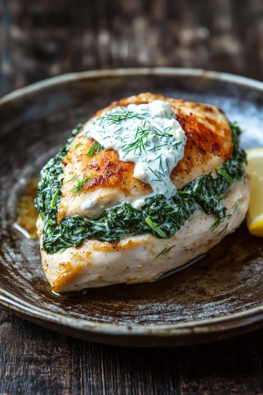 Spinach stuffed chicken breast greek yogurt - the image shows a plate of food, specifically a piece of chicken breast. the chicken breast is golden brown and appears to be seasoned with herbs and spices. on top of the chicken breast, there is a dollop of creamy white sauce, which is drizzled over the top. the sauce is garnished with fresh dill and a slice of lemon. the plate is made of dark brown ceramic and is placed on a wooden table. the background is blurred, but it seems to be a rustic kitchen countertop.