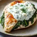 Spinach stuffed chicken breast greek yogurt - the image shows a plate of food, specifically a piece of grilled chicken breast. the chicken breast is golden brown and appears to be seasoned with herbs and spices. on top of the chicken breast, there is a dollop of creamy white sauce with dill sprinkled on top. the sauce is drizzled over the top, giving it a smooth and creamy texture. the plate is made of dark brown ceramic with a speckled pattern. the background is blurred, but it seems to be a kitchen countertop.