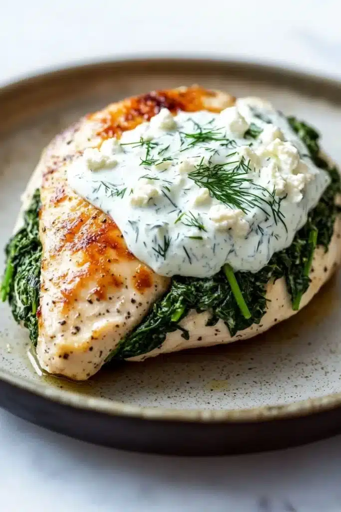 Spinach stuffed chicken breast greek yogurt - the image shows a plate of food, specifically a piece of grilled chicken breast. the chicken breast is golden brown and appears to be seasoned with herbs and spices. on top of the chicken breast, there is a dollop of creamy white sauce with dill sprinkled on top. the sauce is drizzled over the top, giving it a smooth and creamy texture. the plate is made of dark brown ceramic with a speckled pattern. the background is blurred, but it seems to be a kitchen countertop.