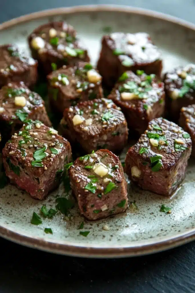 Steak bites with garlic butter stove top - the image shows a plate of square-shaped pieces of meat on a dark grey plate. the meat appears to be cooked medium-rare, with a dark brown color and a shiny texture. it is garnished with chopped herbs and chopped nuts, giving it a fresh and appetizing appearance. the plate is sitting on a wooden table, and the background is blurred, making the meat the focal point of the image.