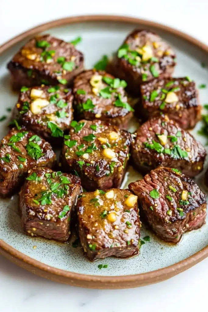 Steak bites with garlic butter stove top - the image shows a plate of cooked steak cubes. the steak cubes are arranged in a circular pattern on a light brown plate with a speckled pattern. they are covered in a dark brown sauce and garnished with chopped parsley and chopped nuts. the sauce appears to be drizzled over the top of the steak, giving it a glossy sheen. the plate is sitting on a white marble countertop.