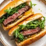 Steak sandwich with peppercorn sauce - the image shows two sandwiches on a white marble plate. the sandwiches are made with a toasted bun and are filled with grilled steak, arugula, and caramelized onions. the steak is cooked medium-rare and appears to be seasoned with herbs and spices. the arugulas are a vibrant green color and are scattered throughout the sandwiches. the plate is round and has a light brown rim. the background is blurred, making the sandwiches the focal point of the image.