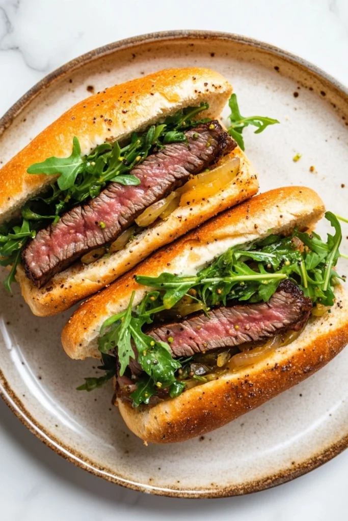 Steak sandwich with peppercorn sauce - the image shows two sandwiches on a white marble plate. the sandwiches are made with a toasted bun and are filled with grilled steak, arugula, and caramelized onions. the steak is cooked medium-rare and appears to be seasoned with herbs and spices. the arugulas are a vibrant green color and are scattered throughout the sandwiches. the plate is round and has a light brown rim. the background is blurred, making the sandwiches the focal point of the image.