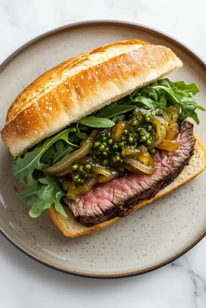 Steak sandwich with peppercorn sauce - the image shows a sandwich on a round plate with a white marble countertop. the sandwich is made with a toasted baguette and is filled with a generous portion of sliced steak, sliced onions, and a bed of green arugula. the steak appears to be cooked medium-rare and has a pinkish-brown crust. the onions are caramelized and appear to be seasoned with herbs and spices. the lettuce is a vibrant green color and is scattered throughout the sandwich. the plate is white with a speckled pattern.